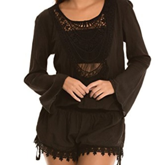 Elan Black Crocheted Open Back Romper Cover L - Picture 3 of 10